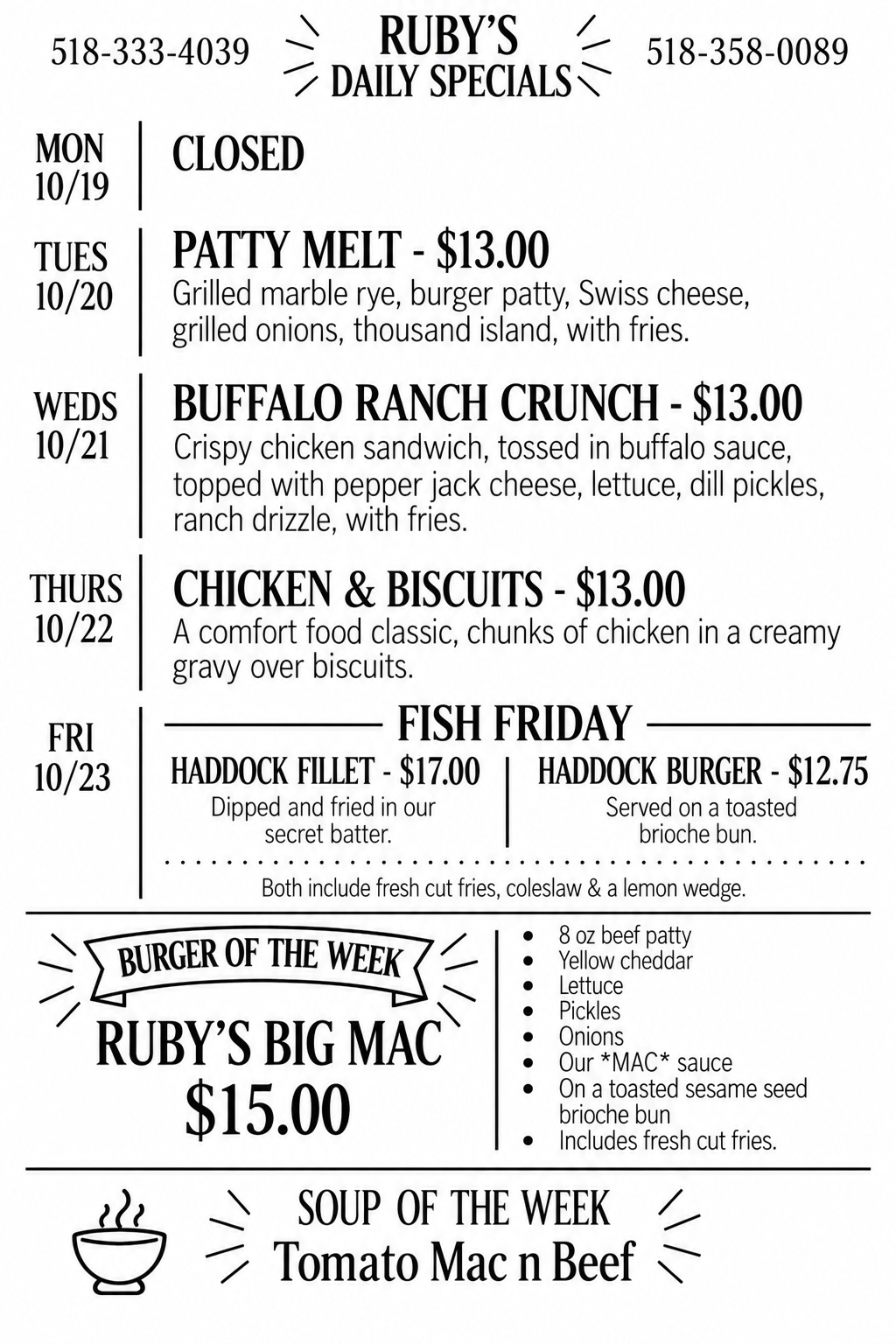 Ruby's daily specials October 5-9